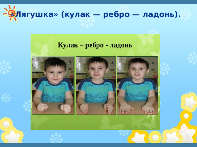 «Лягушка» (кулак — ребро — ладонь). 