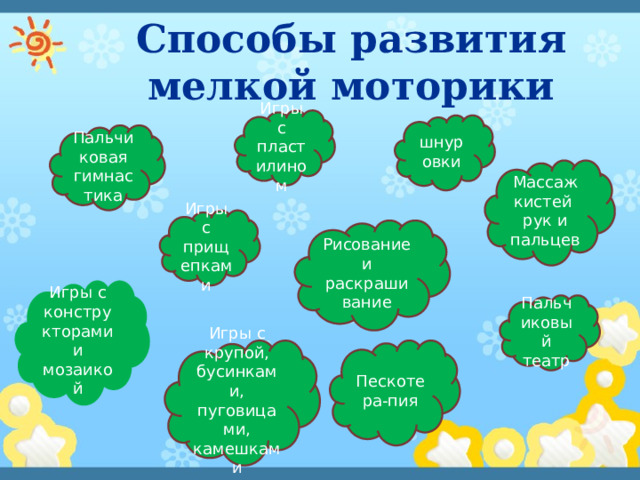 Способы развития мелкой моторики Игры с пластилином шнуровки Пальчиковая гимнастика Массаж кистей рук и пальцев Игры с прищепками Рисование и раскрашивание Игры с конструкторами и мозаикой Пальчиковый театр Игры с крупой, бусинками, пуговицами, камешками Пескотера-пия 