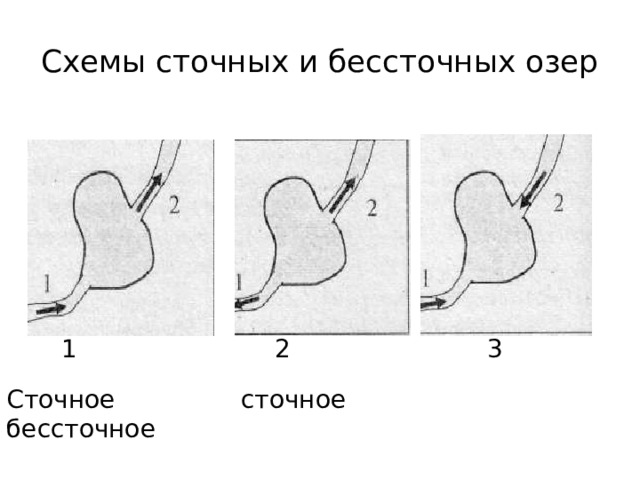 Схемы сточных и бессточных озер  1 2 3 Сточное сточное бессточное 