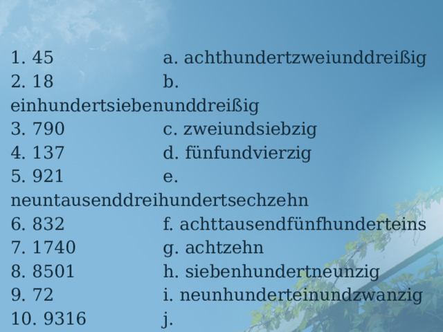 1. 45 a. achthundertzweiunddreißig 2. 18 b. einhundertsiebenunddreißig 3. 790 c. zweiundsiebzig 4. 137 d. fünfundvierzig 5. 921 e. neuntausenddreihundertsechzehn 6. 832 f. achttausendfünfhunderteins 7. 1740 g. achtzehn 8. 8501 h. siebenhundertneunzig 9. 72 i. neunhunderteinundzwanzig 10. 9316 j. eintausendsiebenhundertvierzig 