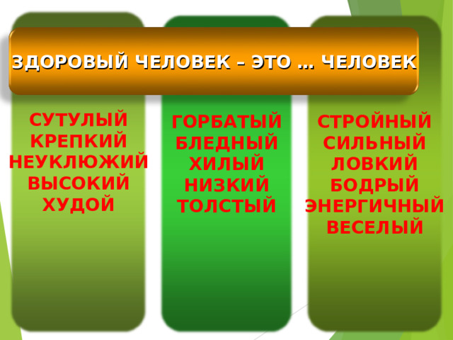      СУТУЛЫЙ КРЕПКИЙ НЕУКЛЮЖИЙ ВЫСОКИЙ ХУДОЙ            ГОРБАТЫЙ БЛЕДНЫЙ ХИЛЫЙ НИЗКИЙ ТОЛСТЫЙ            СТРОЙНЫЙ СИЛЬНЫЙ ЛОВКИЙ БОДРЫЙ ЭНЕРГИЧНЫЙ ВЕСЕЛЫЙ      ЗДОРОВЫЙ ЧЕЛОВЕК – ЭТО … ЧЕЛОВЕК 