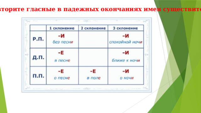 Повторите гласные в падежных окончаниях имен существительных 