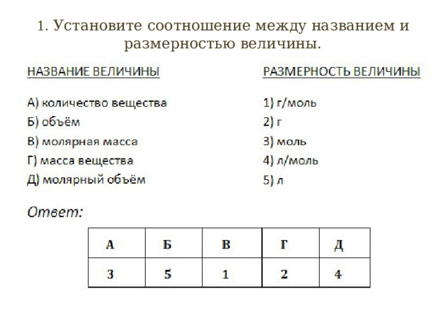 1. Установите соотношение между названием и размерностью величины.   