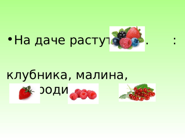На даче растут … : клубника, малина, смородина.  