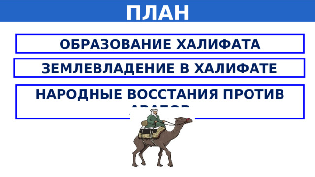 ПЛАН ОБРАЗОВАНИЕ ХАЛИФАТА ЗЕМЛЕВЛАДЕНИЕ В ХАЛИФАТЕ НАРОДНЫЕ ВОССТАНИЯ ПРОТИВ АРАБОВ 