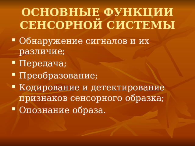 ОСНОВНЫЕ ФУНКЦИИ СЕНСОРНОЙ СИСТЕМЫ Обнаружение сигналов и их различие; Передача; Преобразование; Кодирование и детектирование признаков сенсорного образка; Опознание образа. 