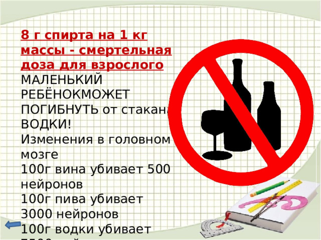 8 г спирта на 1 кг массы - смертельная доза для взрослого МАЛЕНЬКИЙ РЕБЁНОКМОЖЕТ ПОГИБНУТЬ от стакана ВОДКИ! Изменения в головном мозге 100г вина убивает 500 нейронов 100г пива убивает 3000 нейронов 100г водки убивает 7500 нейронов 