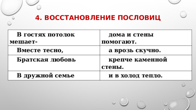 4. Восстановление пословиц В гостях потолок мешает- дома и стены помогают. Вместе тесно, а врозь скучно. Братская любовь крепче каменной стены. В дружной семье и в холод тепло. 