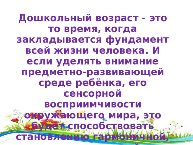 Дошкольный возраст - это то время, когда закладывается фундамент всей жизни человека. И если уделять внимание предметно-развивающей среде ребёнка, его сенсорной восприимчивости окружающего мира, это будет способствовать становлению гармоничной, самодостаточной  личности.  
