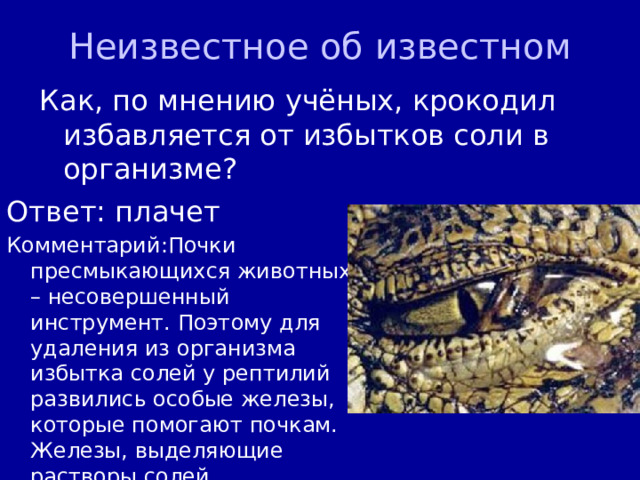 Неизвестное об известном Как, по мнению учёных, крокодил избавляется от избытков соли в организме? Ответ: плачет Комментарий:Почки пресмыкающихся животных – несовершенный инструмент. Поэтому для удаления из организма избытка солей у рептилий развились особые железы, которые помогают почкам. Железы, выделяющие растворы солей, расположены у самых глаз крокодила.  