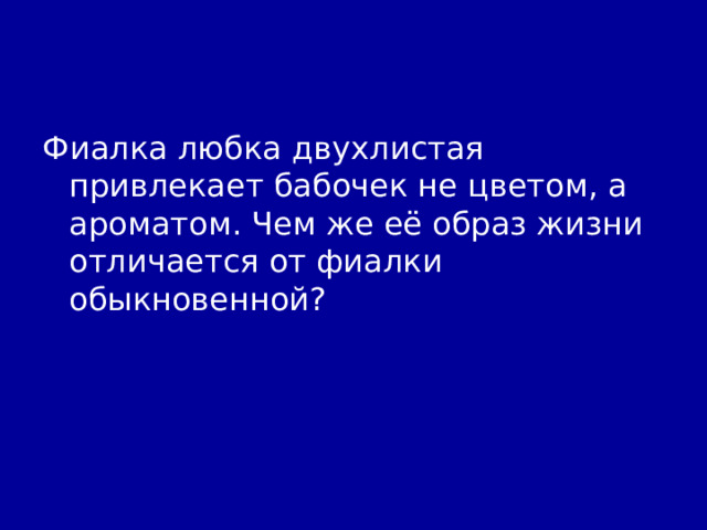 Фиалка любка двухлистая привлекает бабочек не цветом, а ароматом. Чем же её образ жизни отличается от фиалки обыкновенной? 
