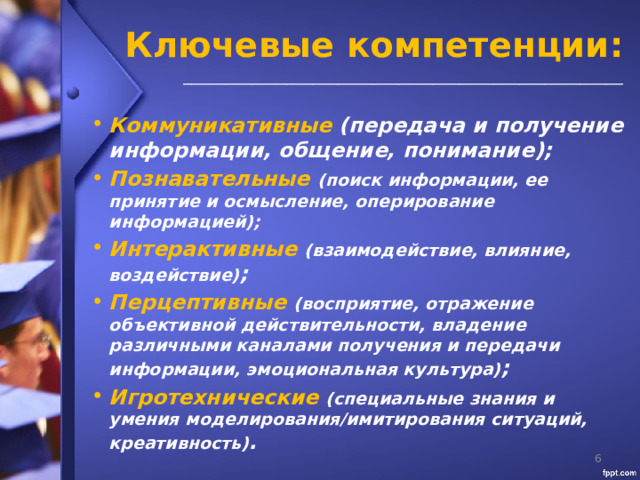 Ключевые компетенции:  ___________________________________________________ Коммуникативные (передача и получение информации, общение, понимание); Познавательные (поиск информации, ее принятие и осмысление, оперирование информацией); Интерактивные  (взаимодействие, влияние, воздействие) ; Перцептивные (восприятие, отражение объективной действительности, владение различными каналами получения и передачи информации, эмоциональная культура) ; Игротехнические (специальные знания и умения моделирования/имитирования ситуаций, креативность) .   
