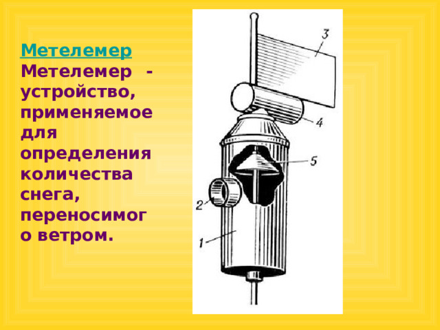 Метелемер Метелемер - устройство, применяемое для определения количества снега, переносимого ветром.  