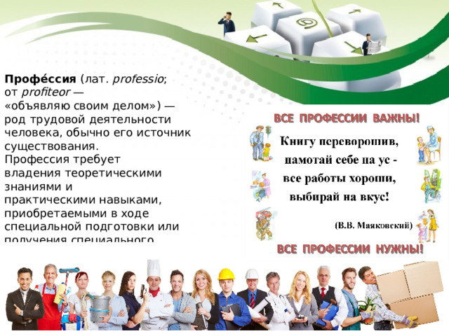 Профе́ссия  (лат.  professio ; от  profiteor  — «объявляю своим делом») — род трудовой деятельности человека, обычно его источник существования. Профессия требует владения теоретическими знаниями и практическими навыками, приобретаемыми в ходе специальной подготовки или получения специального образования. 