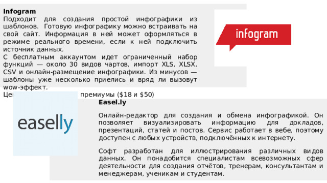 Infogram Подходит для создания простой инфографики из шаблонов. Готовую инфографику можно встраивать на свой сайт. Информация в ней может оформляться в режиме реального времени, если к ней подключить источник данных. С бесплатным аккаунтом идет ограниченный набор функций — около 30 видов чартов, импорт XLS, XLSX, CSV и онлайн-размещение инфографики. Из минусов — шаблоны уже несколько приелись и вряд ли вызовут wow-эффект. Цена: бесплатно, есть премиумы ($18 и $50)  Easel.ly Онлайн-редактор для создания и обмена инфографикой. Он позволяет визуализировать информацию для докладов, презентаций, статей и постов. Сервис работает в вебе, поэтому доступен с любых устройств, подключённых к интернету. Софт разработан для иллюстрирования различных видов данных. Он понадобится специалистам всевозможных сфер деятельности для создания отчётов, тренерам, консультантам и менеджерам, ученикам и студентам. 1 