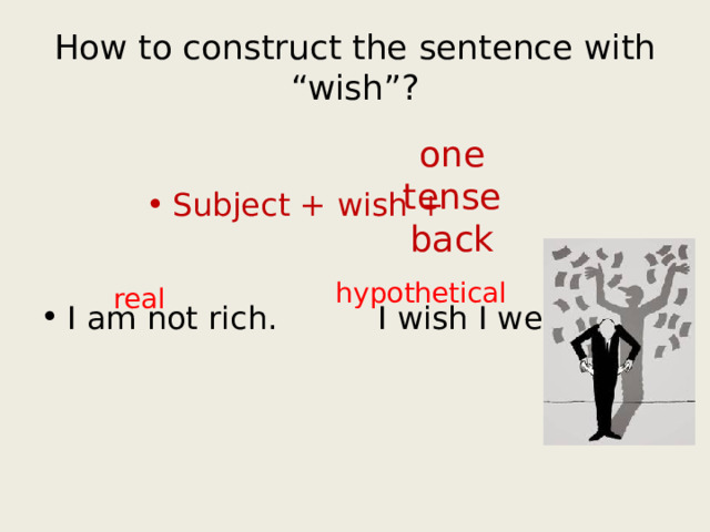 How to construct the sentence with “wish”? one tense back Subject + wish + hypothetical real I am not rich. I wish I were rich. 