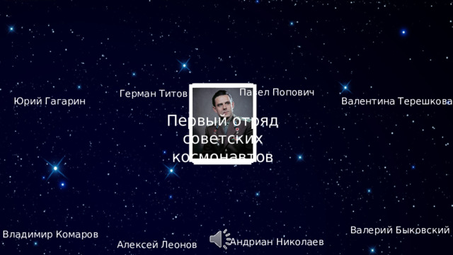 Павел Попович Герман Титов Юрий Гагарин Валентина Терешкова Первый отряд советских космонавтов Валерий Быковский Владимир Комаров Андриан Николаев Алексей Леонов 