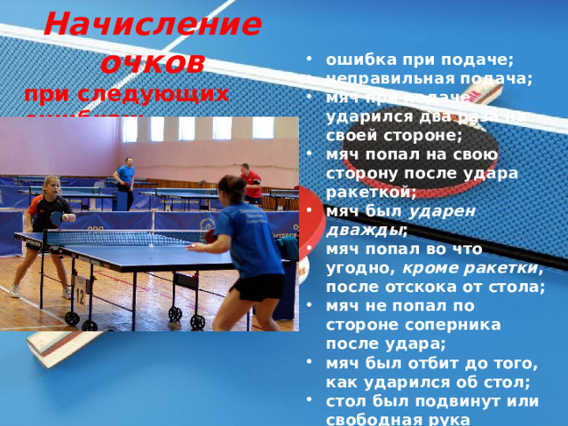 Начисление очков при следующих ошибках: ошибка при подаче; неправильная подача; мяч при подаче ударился два раза на своей стороне; мяч попал на свою сторону после удара ракеткой; мяч был ударен дважды ; мяч попал во что угодно, кроме ракетки , после отскока от стола; мяч не попал по стороне соперника после удара; мяч был отбит до того, как ударился об стол; стол был подвинут или свободная рука коснулась стола; мяч при подаче не попал в зону соперника. 