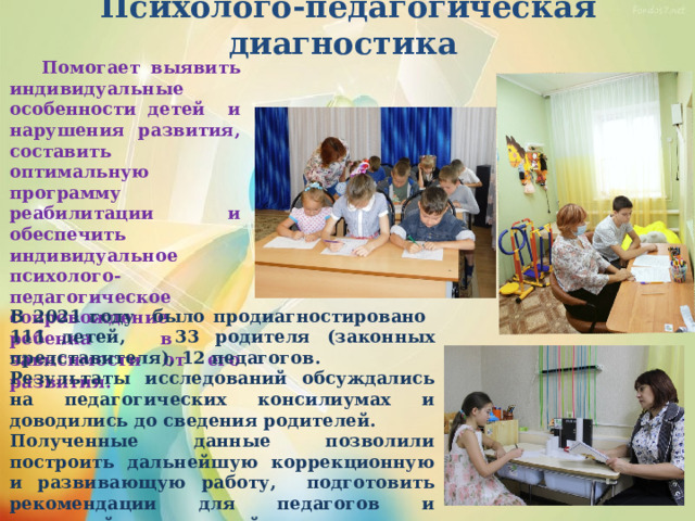 Психолого-педагогическая диагностика    Помогает выявить индивидуальные особенности детей и нарушения развития, составить оптимальную программу реабилитации и обеспечить индивидуальное психолого-педагогическое сопровождение ребенка в зависимости от его развития.  В 2021 году было продиагностировано 111 детей, 33 родителя (законных представителя), 12 педагогов. Результаты исследований обсуждались на педагогических консилиумах и доводились до сведения родителей. Полученные данные позволили построить дальнейшую коррекционную и развивающую работу, подготовить рекомендации для педагогов и родителей по взаимодействию с детьми. 