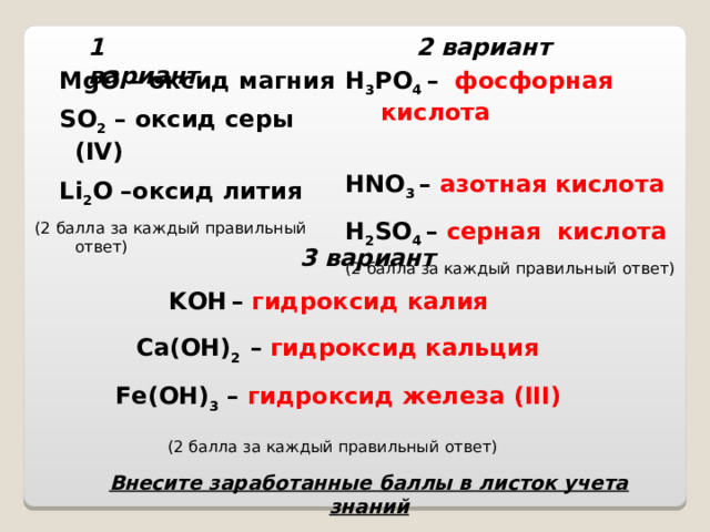 1 вариант 2 вариант  MgO – оксид магния  S O 2 – оксид серы ( IV)  Li 2 O –оксид лития ( 2 балла за каждый правильный ответ) H 3 PO 4 –  фосфорная кислота H N O 3  – азотная кислота H 2 SO 4  – серная кислота (2 балла за каждый правильный ответ)    3 вариант  K O H  – гидроксид калия   C a (OH) 2  – гидроксид кальция  Fe(OH) 3 – гидроксид железа (III)   (2 балла за каждый правильный ответ)     Внесите заработанные баллы в листок учета знаний 