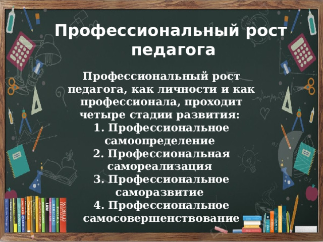 Профессиональный рост педагога Профессиональный рост педагога, как личности и как профессионала, проходит четыре стадии развития: 1. Профессиональное самоопределение 2. Профессиональная самореализация 3. Профессиональное саморазвитие 4. Профессиональное самосовершенствование 