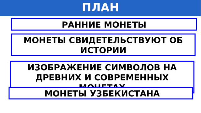 ПЛАН РАННИЕ МОНЕТЫ МОНЕТЫ СВИДЕТЕЛЬСТВУЮТ ОБ ИСТОРИИ ИЗОБРАЖЕНИЕ СИМВОЛОВ НА ДРЕВНИХ И СОВРЕМЕННЫХ МОНЕТАХ   МОНЕТЫ УЗБЕКИСТАНА 