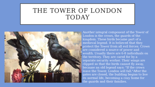 The Tower of London today Another integral component of the Tower of London is the crows, the guards of the kingdom. These birds became part of a medieval legend. It is believed that they protect the Tower from all evil forces. Crows are considered a source of power and wealth. Usually there are 6-8 individuals on the territory. They are cared for by a separate security worker. Their wings are clipped so that the birds cannot fly away, because an old legend says: 