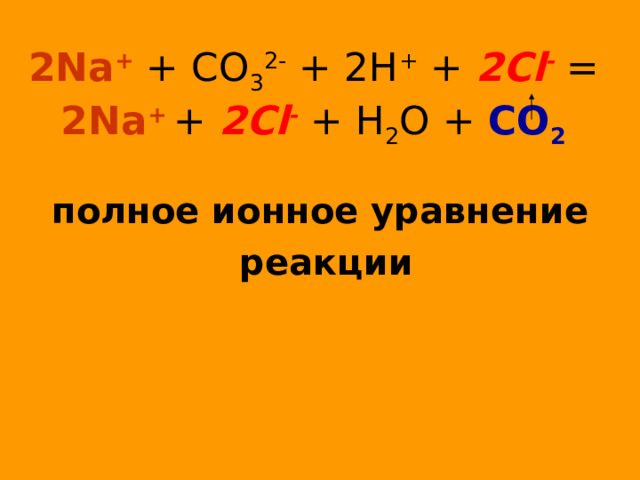 2 Na + + СО 3 2- + 2Н + + 2 Cl - =  2 Na +  + 2 Cl - + Н 2 О + СО 2  полное ионное уравнение  реакции  