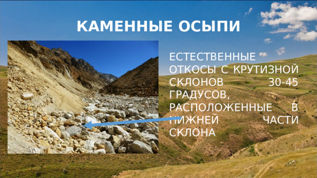 КАМЕННЫЕ ОСЫПИ ЕСТЕСТВЕННЫЕ ОТКОСЫ С КРУТИЗНОЙ СКЛОНОВ 30-45 ГРАДУСОВ, РАСПОЛОЖЕННЫЕ В НИЖНЕЙ ЧАСТИ СКЛОНА 