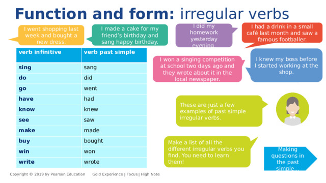 Function and form: irregular verbs I had a drink in a small café last month and saw a famous footballer. I did my homework yesterday evening. I made a cake for my friend’s birthday and sang happy birthday. I went shopping last week and bought a new dress. verb infinitive verb past simple sing  sang do go did went have had know knew see saw make made buy bought win won write wrote I knew my boss before I started working at the shop. I won a singing competition at school two days ago and they wrote about it in the local newspaper. These are just a few examples of past simple irregular verbs. Make a list of all the different irregular verbs you find. You need to learn them! Making questions in the past simple... Copyright © 2019 by Pearson Education      Gold Experience | Focus | High Note 