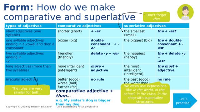 Form: How do we make comparative and superlative adjectives? Don’t forget the! types of adjectives comparative adjectives short adjectives (one syllable) shorter (short) one syllable adjectives ending in a vowel and then a consonant + - er bigger (big) superlative adjectives two syllable adjectives ending in the smallest (small) long adjectives (more than two syllables) double consonant + - er - y friendlier (friendly) more intelligent (intelligent) delete - y + - ier the + - est the biggest (big) irregular adjectives the happiest (happy) more + adjective the + double consonant + - est better (good) the + delete - y + the most intelligent (intelligent) worse (bad) no rule the most + adjective - est the best (good) further (far) the worst (bad) no rule the furthest (far) We often use expressions like in the world, in the school, in the class, in the shop with superlative structures. The rules are very similar for both. comparative adjective + than … e.g. My sister’s dog is bigger than my dog. Let’s practise! Copyright © 2019 by Pearson Education      Gold Experience | Focus | High Note 