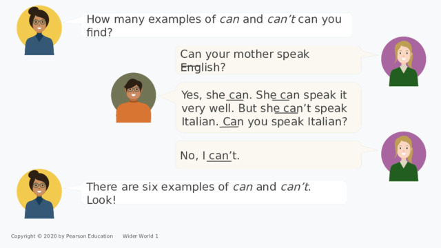 How many examples of can and can’t can you find? Can your mother speak English? Yes, she can. She can speak it very well. But she can’t speak Italian. Can you speak Italian? No, I can’t. There are six examples of can and can’t . Look! Copyright © 2020 by Pearson Education      Wider World 1 