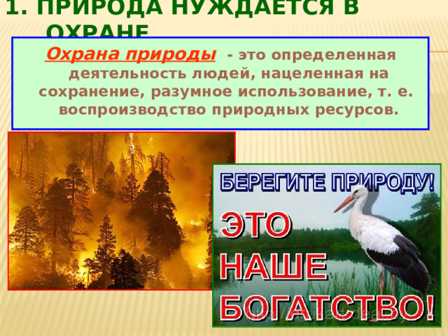 1. Природа нуждается в охране Охрана природы  - это определенная деятельность людей, нацеленная на сохранение, разумное использование, т. е. воспроизводство природных ресурсов. 