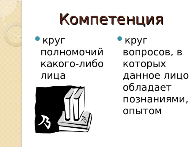 Компетенция круг полномочий какого-либо лица круг вопросов, в которых данное лицо обладает познаниями, опытом 
