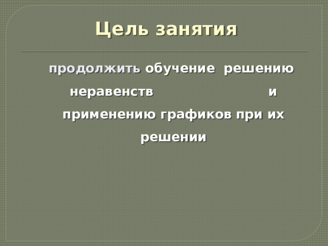 Цель занятия продолжить обучение решению неравенств и применению графиков при их решении 