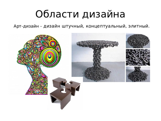 Области дизайна Арт-дизайн - дизайн штучный, концептуальный, элитный.      