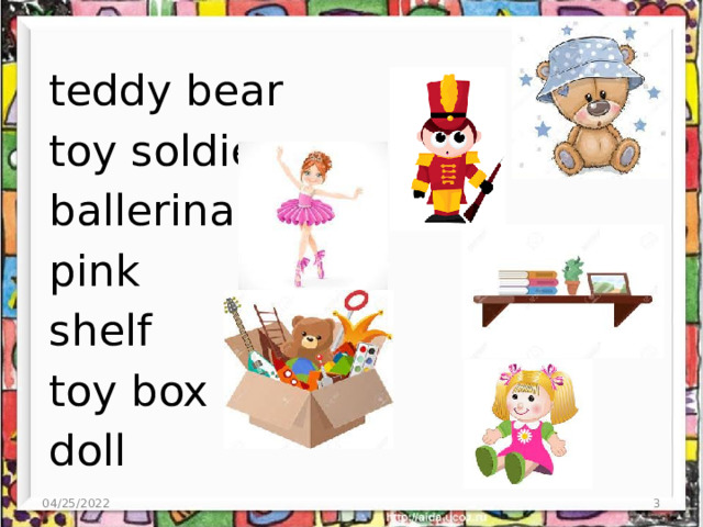 teddy bear toy soldier ballerina pink shelf toy box doll 04/25/2022  