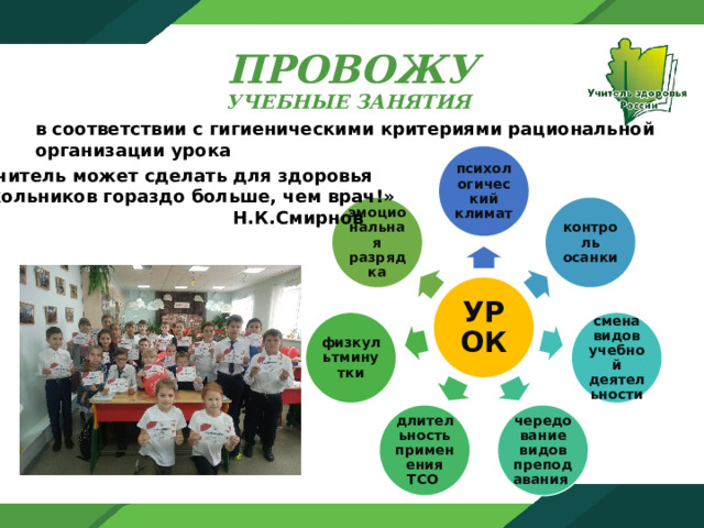  ПРОВОЖУ   УЧЕБНЫЕ ЗАНЯТИЯ в соответствии с гигиеническими критериями рациональной организации урока психологический климат «Учитель может сделать для здоровья школьников гораздо больше, чем врач!»  Н.К.Смирнов контроль осанки эмоциональная разрядка УРОК физкультминутки смена видов учебной деятельности длительность применения ТСО чередование видов преподавания 