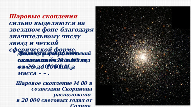 Шаровые скопления сильно выделяются на звездном фоне благодаря значительному числу звезд и четкой сферической форме. Диаметр шаровых скоплений составляет от 20 до 100 пк, а масса – – .   Шаровое скопление М 80 в созвездии Скорпиона расположено в 28 000 световых годах от Солнца и содержит сотни тысяч звёзд 