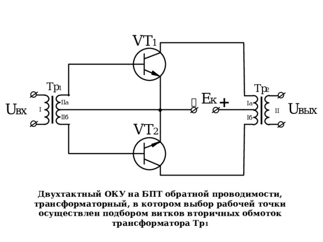 Двухтактный ОКУ на БПТ обратной проводимости, трансформаторный, в котором выбор рабочей точки осуществлен подбором витков вторичных обмоток трансформатора Тр 1 