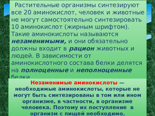  Растительные организмы синтезируют все 20 аминокислот, человек и животные не могут самостоятельно синтезировать 10 аминокислот (жирным шрифтом). Такие аминокислоты называются незаменимыми, и  они обязательно должны входит в рацион животных и людей. В зависимости от аминокислотного состава белки делятся на полноценные и неполноценные белки Незаменимые аминокислоты — необходимые аминокислоты, которые не могут быть синтезированы в том или ином организме, в частности, в организме человека. Поэтому их поступление в организм с пищей необходимо. 