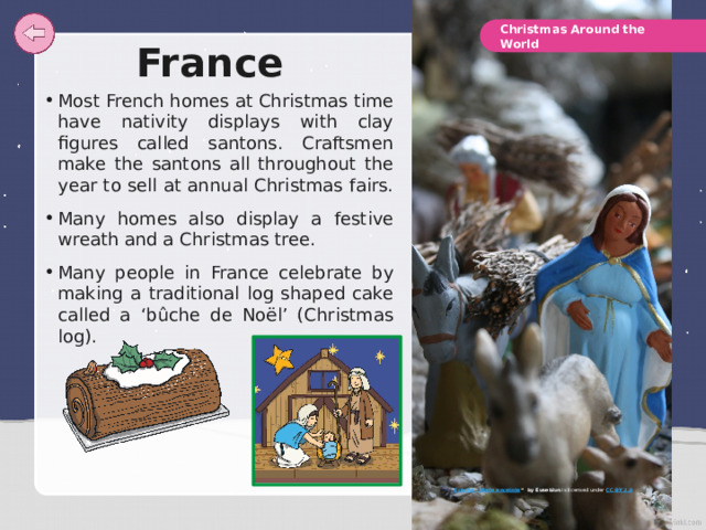 Christmas Around the World France Most French homes at Christmas time have nativity displays with clay figures called santons. Craftsmen make the santons all throughout the year to sell at annual Christmas fairs. Many homes also display a festive wreath and a Christmas tree. Many people in France celebrate by making a traditional log shaped cake called a ‘bûche de Noël’ (Christmas log). “ Crèche - Marie enceinte “   by Eusebius is licensed under CC BY 2.0 