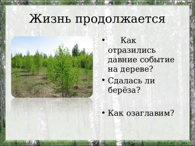 Жизнь продолжается  Как отразились давние событие на дереве? Сдалась ли берёза?  Как озаглавим? 