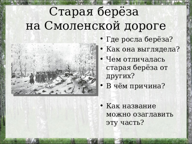 Старая берёза  на Смоленской дороге Где росла берёза? Как она выглядела? Чем отличалась старая берёза от других? В чём причина? Как название можно озаглавить эту часть? 