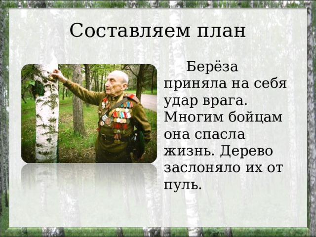 Составляем план  Берёза приняла на себя удар врага. Многим бойцам она спасла жизнь. Дерево заслоняло их от пуль. 