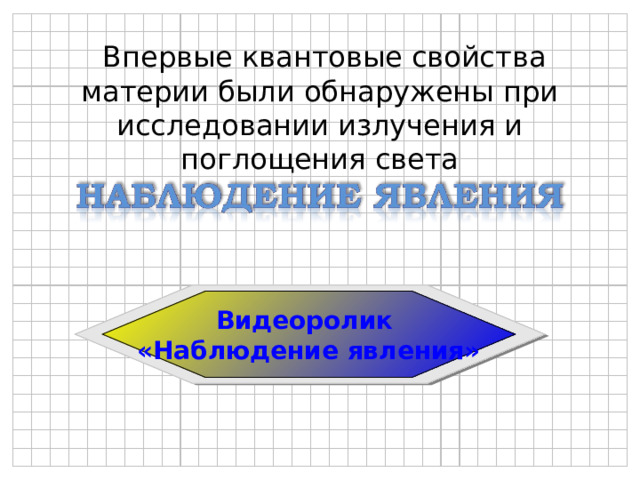  Впервые квантовые свойства материи были обнаружены при исследовании излучения и поглощения света Видеоролик «Наблюдение явления» 