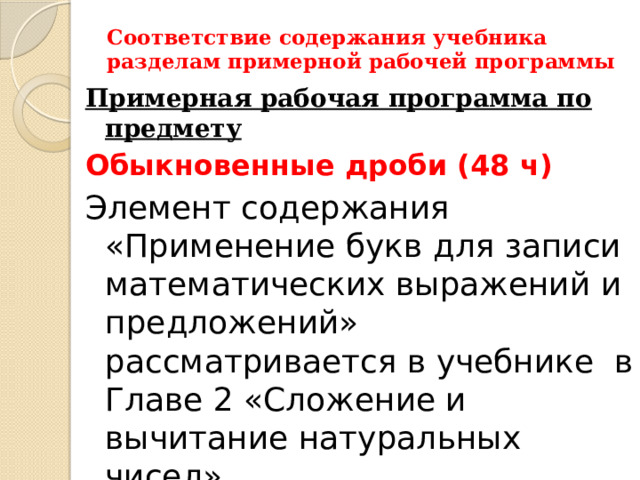 Соответствие содержания учебника разделам примерной рабочей программы Примерная рабочая программа по предмету Обыкновенные дроби (48 ч) Элемент содержания «Применение букв для записи математических выражений и предложений» рассматривается в учебнике в Главе 2 «Сложение и вычитание натуральных чисел» 