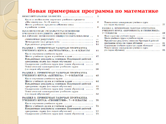 Новая примерная программа по математике МЕСТО УЧЕБНОГО КУРСА В УЧЕБНОМ ПЛАНЕ Согласно учебному плану в 5—6 классах изучается интегрированный предмет «Математика», который включает арифметический материал и наглядную геометрию , а также пропедевтические сведения из алгебры, элементы логики и начала описательной статистики. Учебный план на изучение математики в 5—6 классах отводит не менее 5 учебных часов в неделю в течение каждого года обучения, всего не менее 340 учебных часов. 5 