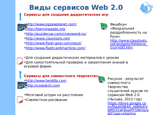 Виды сервисов Web 2.0 Сервисы для создания дидактических игр http://www.jigsawplanet.com/ http://learningapps.org http://puzzlecup.com/crossword-ru/ http://www.classtools.net/ http://www.flash-gear.com/npuz/ http://www.flashcardmachine.com/ Для создания дидактических материалов к урокам Для самостоятельной проверки и закрепления знаний в игровой форме Сервисы для совместного творчества http://www.twiddla.com  http://cosketch.com  Мозговой штурм на расстоянии Совместное рисование Фишбоун «Феодальная раздробленность на Руси» http://www.classtools.net/widgets/fishbone_5/uYnDO.htm Рисунок - результат совместного творчества слушателей курсов по сервисам Web 2.0 (Лысьва, 2012 год) https://drive.google.com/file/d/0B4A_x48RyEVbMGY2aFBxaHY5Wms/edit?usp=sharing 