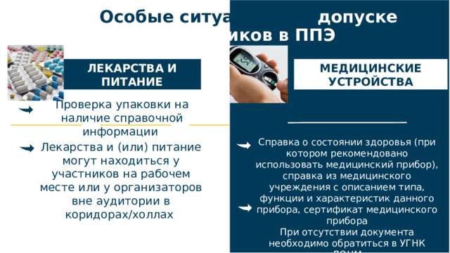 Особые ситуации при допуске участников в ППЭ ЛЕКАРСТВА И ПИТАНИЕ МЕДИЦИНСКИЕ УСТРОЙСТВА Проверка упаковки на наличие справочной информации Справка о состоянии здоровья (при котором рекомендовано использовать медицинский прибор), справка из медицинского учреждения с описанием типа, функции и характеристик данного прибора, сертификат медицинского прибора При отсутствии документа необходимо обратиться в УГНК ДОНМ Лекарства и (или) питание могут находиться у участников на рабочем месте или у организаторов вне аудитории в коридорах/холлах 12 